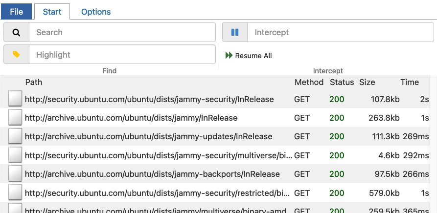 Requests from apt in mitmproxy UI